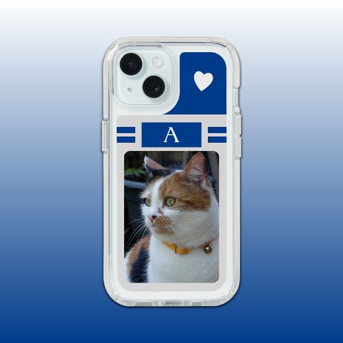 Cat photo and initial white blue grey iPhone 15 case