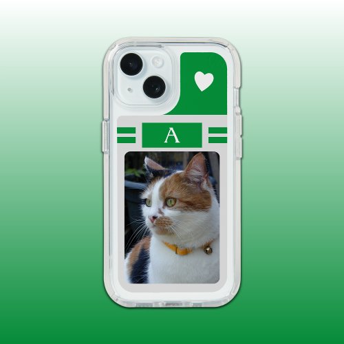 Cat photo and initial white green grey iPhone 15 case