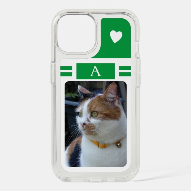 Cat photo and initial white green speck iPhone case (Front)