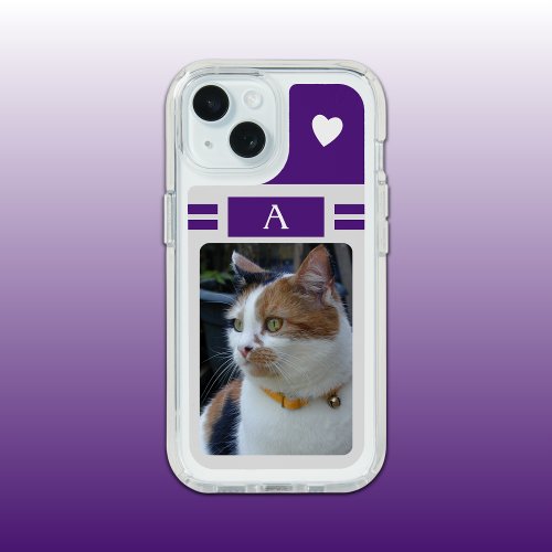 Cat photo and initial white purple grey iPhone 15 case