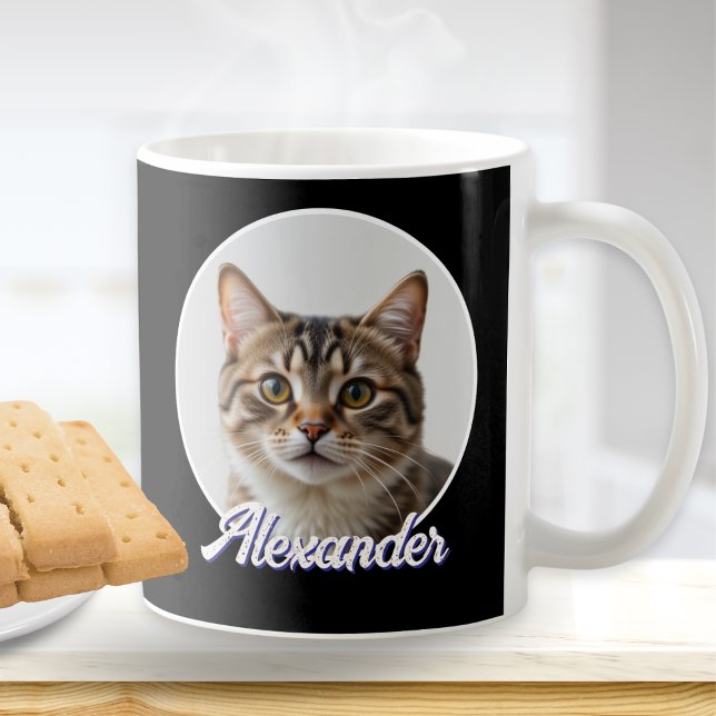 Cat Photo and Name Stylish Black Coffee Mug (A stylish black mug to customize with a photo of your cat and your pet's name in grunge script)