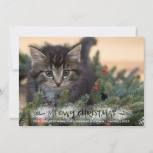 Cat Photo Brush Script Snowy MEOWY CHRISTMAS Holiday Card