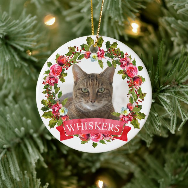 Cat Photo Christmas Wreath Ceramic Ornament (Tree)