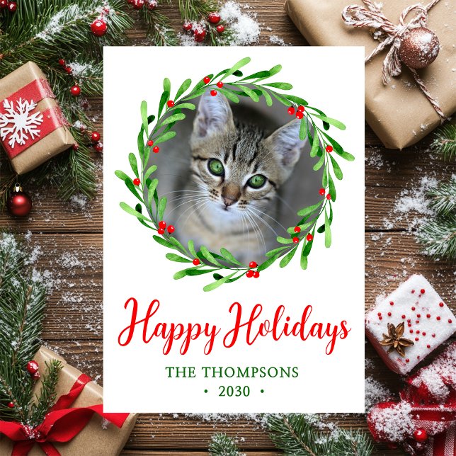 Cat Photo Christmas Wreath Holiday Card (Creator Uploaded)