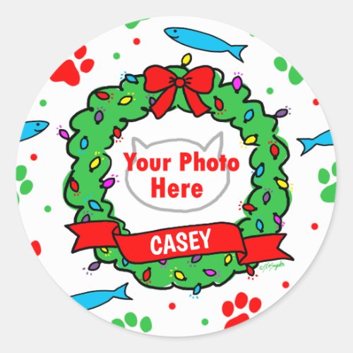 Cat Photo Christmas Wreath Pattern Classic Round Sticker