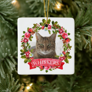 Cat Photo Christmas Wreath Personalized Ceramic Or Ceramic Ornament
