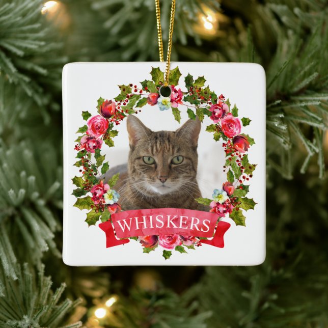 Cat Photo Christmas Wreath Personalized Ceramic Or Ceramic Ornament (Tree)