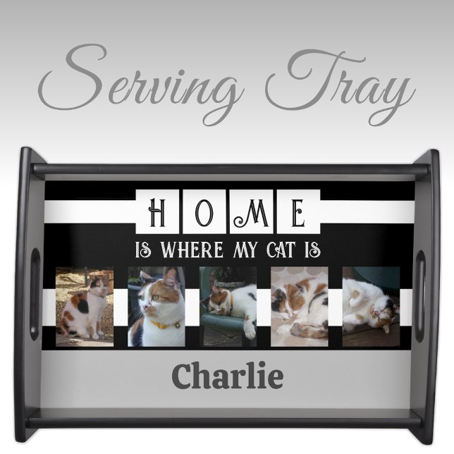 Cat photo collage animal lover black grey serving tray (Creator Uploaded)