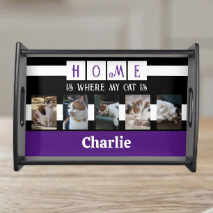 Cat photo collage animal lover black purple serving tray
