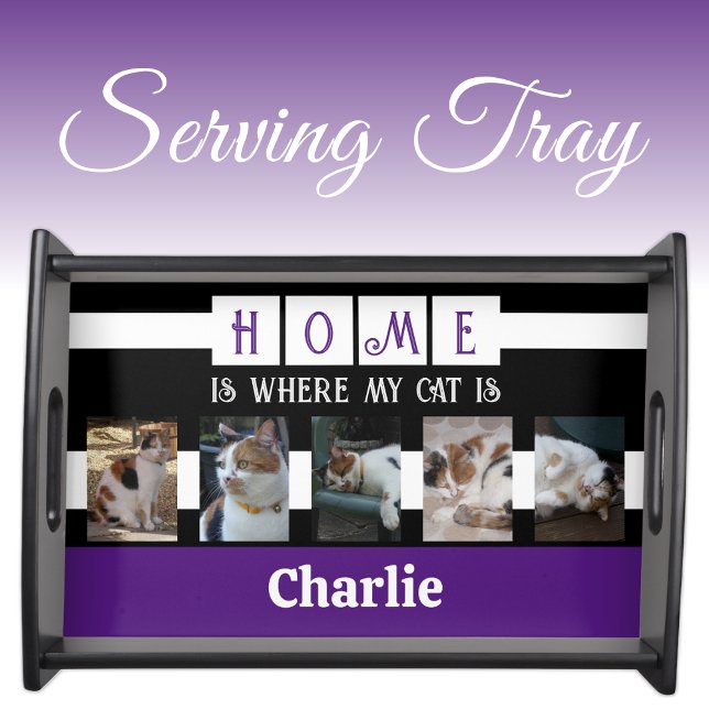 Cat photo collage animal lover black purple serving tray (Creator Uploaded)