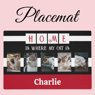 Cat photo collage animal lover black red placemat