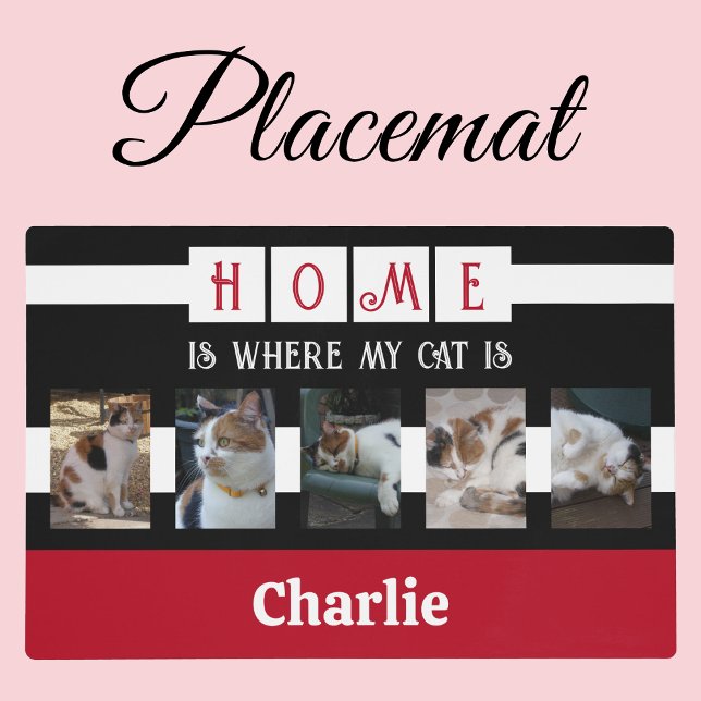 Cat photo collage animal lover black red placemat (Creator Uploaded)