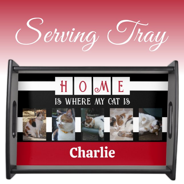 Cat photo collage animal lover black red serving tray (Creator Uploaded)