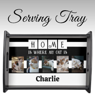 Cat photo collage animal lover black white serving tray