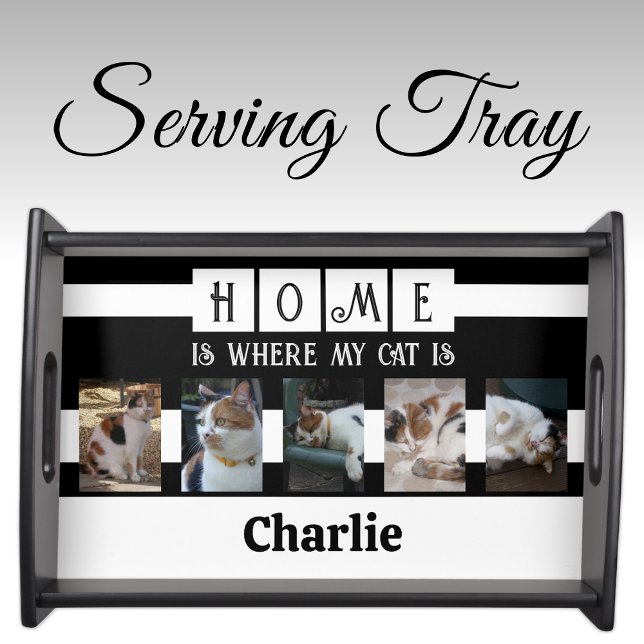 Cat photo collage animal lover black white serving tray (Creator Uploaded)