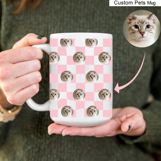 Cat Photo Collage Light Pink Plaid Pattern Coffee Mug (Cat Photo Collage Light Pink Plaid Pattern Coffee Mug)