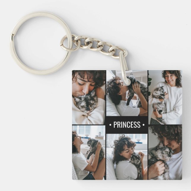 Cat Photo Collage Monogrammed Keychain (Front)