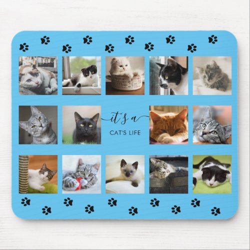 Cat Photo Collage with Paw Prints Mouse Pad