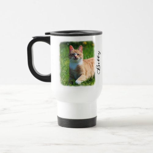 Cat Photo Faded Border Personalized Name and Quote Travel Mug