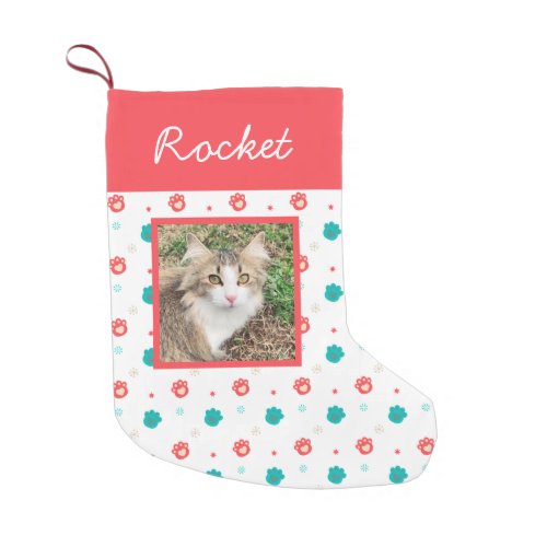 Cat Photo Festive Paw Prints Personalized Small Christmas Stocking