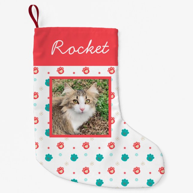 Cat Photo Festive Paw Prints Personalized Small Christmas Stocking (Front)