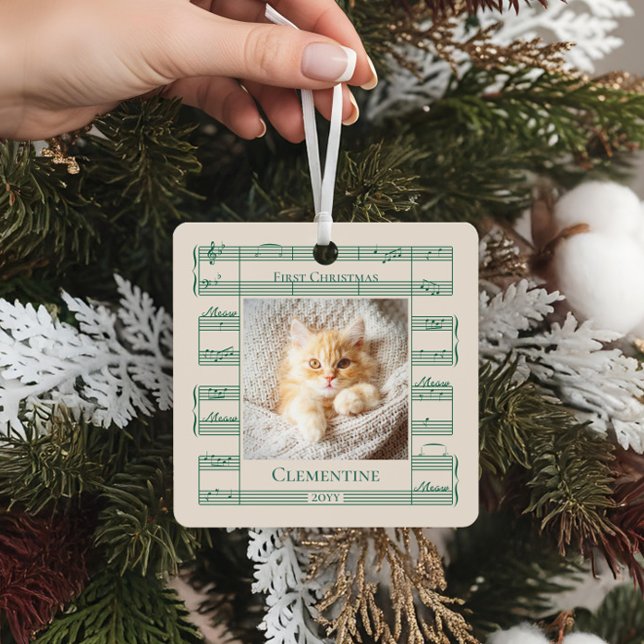 Cat Photo First Christmas Meow Meow Sheet Music Metal Ornament (Cat Photo First Christmas Meow Meow Sheet Music Metal Ornament)