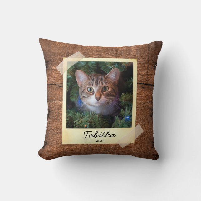 Cat Photo Frame Rustic Personalized Throw Pillow  (Front)