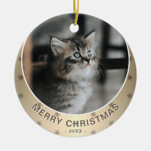 Cat Photo Golden Snowflake Metallic Christmas  Ceramic Ornament