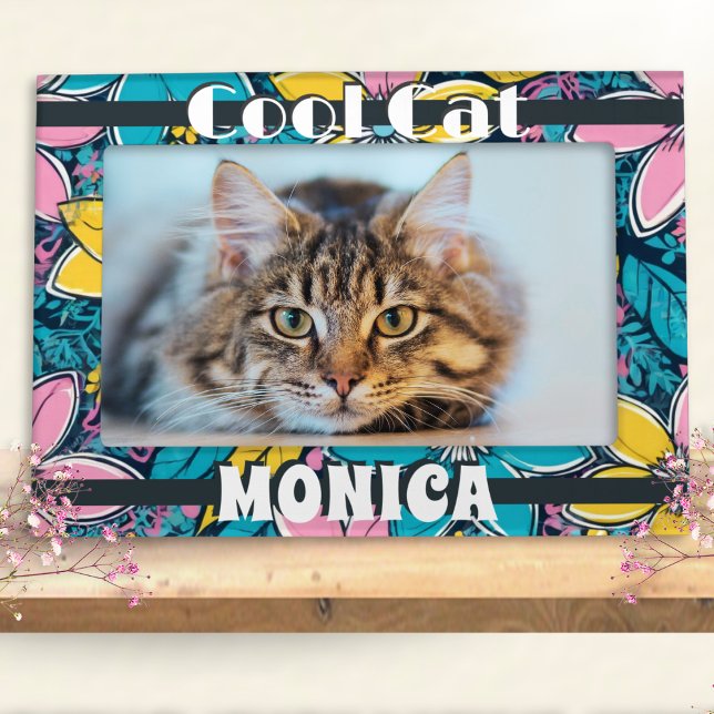 Cat Photo Groovy. Retro Floral Custom Magnetic Frame (A photo frame to display a picture of your cool cat, with colorful groovy retro design)