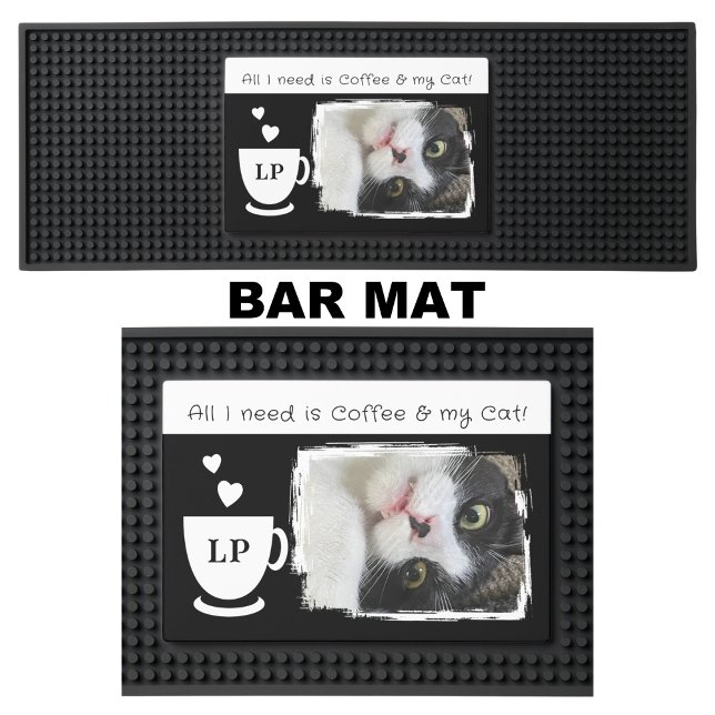 Cat photo initials black and white coffee bar mat  (Creator Uploaded)