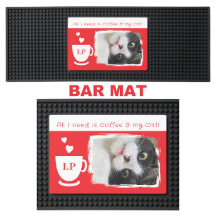 Cat photo initials red and white coffee bar mat 