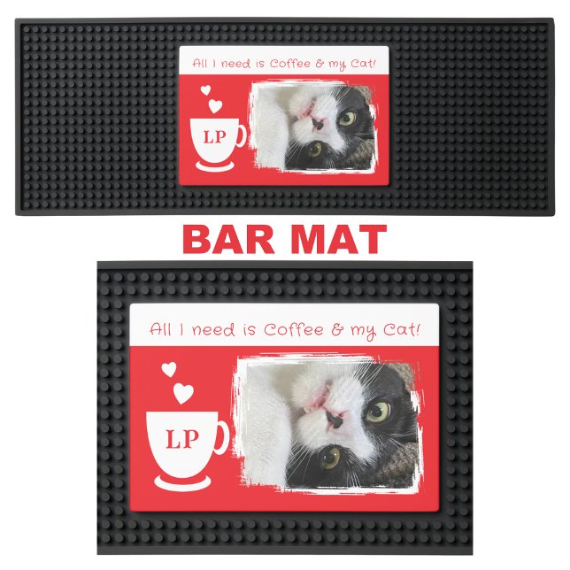 Cat photo initials red and white coffee bar mat  (Creator Uploaded)