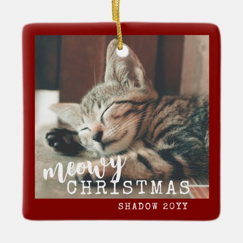 Cat Photo Meowy Christmas Rustic Red  Ceramic Ornament