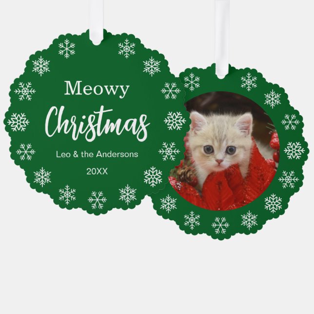 Cat Photo Meowy Christmas Snowflakes Green Pet Ornament Card (Front/Back)