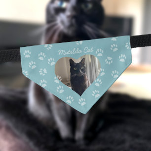 Cat Photo Name Monogram Teal Paw Print Pet Bandana Collar