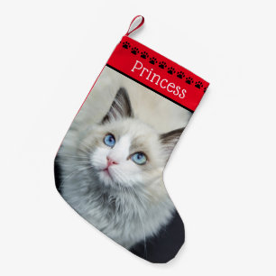 Cat Photo & Name   Red Black Paw Prints Small Christmas Stocking