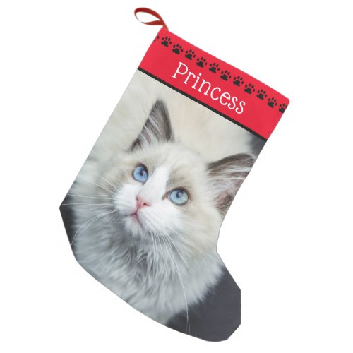 Cat Photo  Name  Red Black Paw Prints Small Christmas Stocking