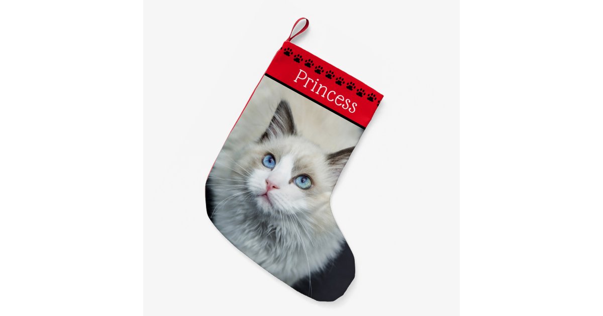 Cat Photo Name Red Black Paw Prints Small Christmas Stocking