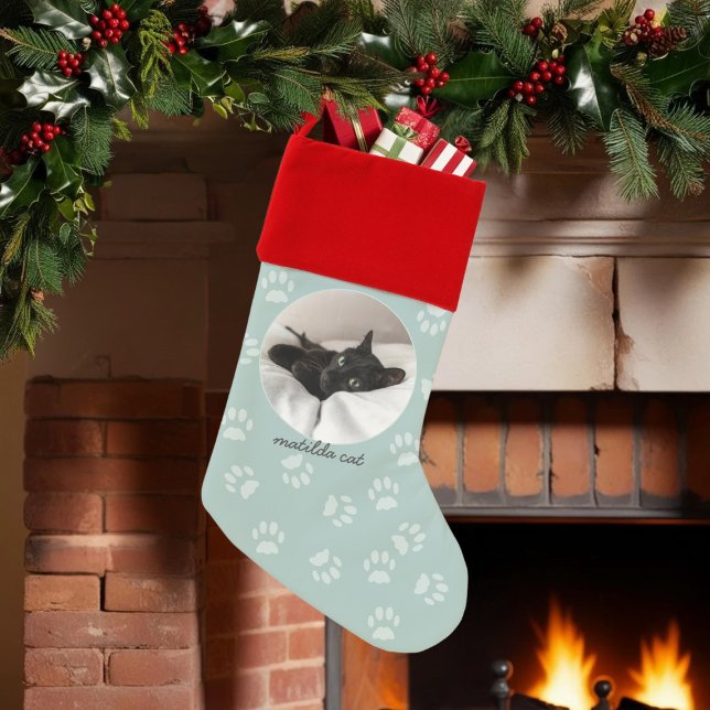Cat Photo Pet Name Mint Green Christmas Stocking (Mint Green Paw Print Christmas Stocking with space for your cat's photo.)