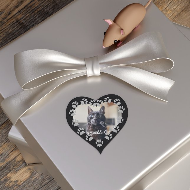 Cat Photo Pet Paw Print Frame Heart Sticker (Purrfect sticker to upload your black cat photo to. Just add your name)