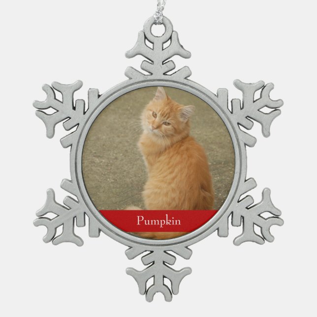 Cat Photo Red Name Simple Cute Snowflake Pewter Christmas Ornament (Front)