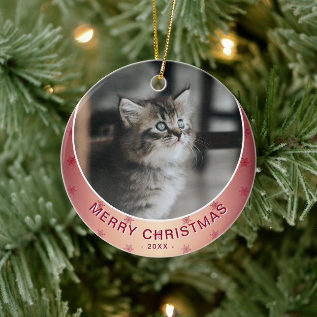 Cat Photo Red Snowflake Metallic Christmas Ceramic Ornament (Tree)