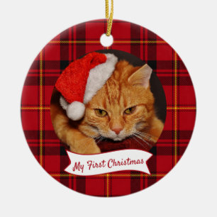 Cat Photo Red Tartan Plaid Pet First Christmas Ceramic Ornament