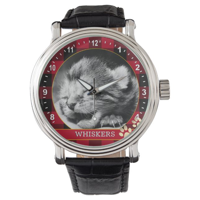Cat Photo, Rustic Red Buffalo Plaid, baby Kitten Watch (Front)