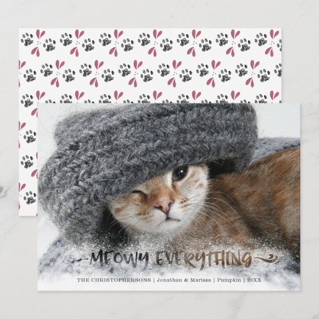 Cat Photo Snowy Brush Script MEOWY EVERYTHING Holiday Card (Front/Back)