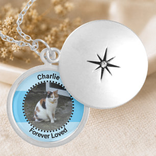 Cat Photo Sympathy Keepsake Pet Memorial blue Locket Necklace
