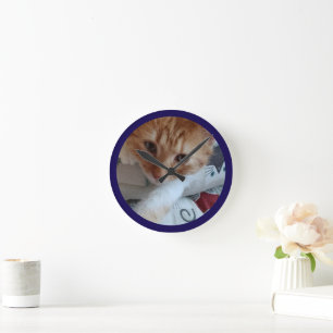 Cat Photo Text Customize Round Clock