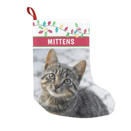 Cat Photo Watercolor Holiday Lights Small Christmas Stocking