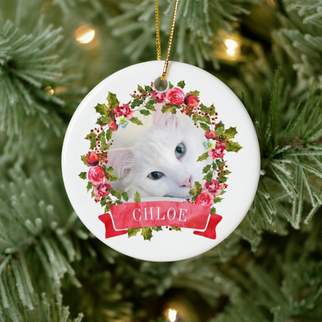 Cat Photo Watercolor Wreath Ceramic Ornament (Tree)