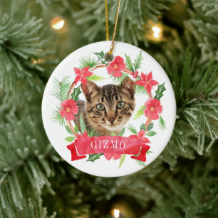 Cat Photo Watercolor Wreath Ceramic Ornament
